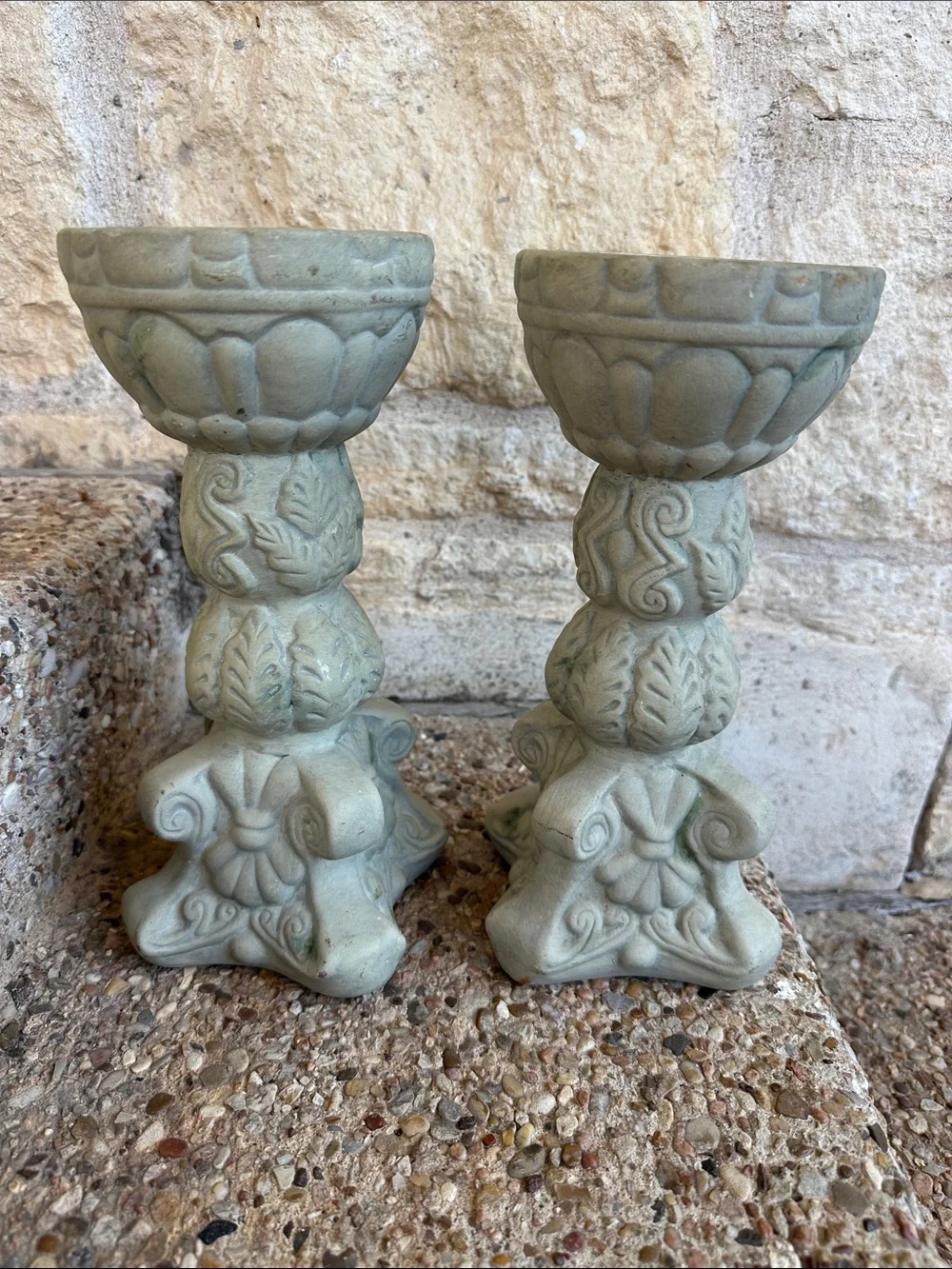 Ornate Pair of Decorative Candle Holders in Pale Seafoam